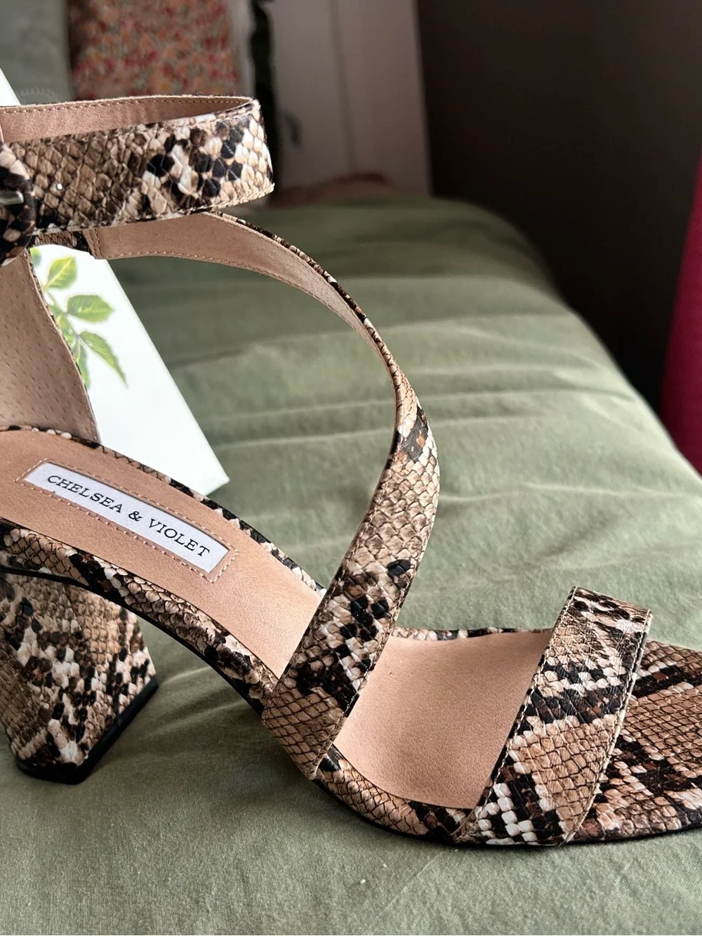 Chelsea & Violet Snake-Print Strappy Block Heel Sandals in Tan and Brown